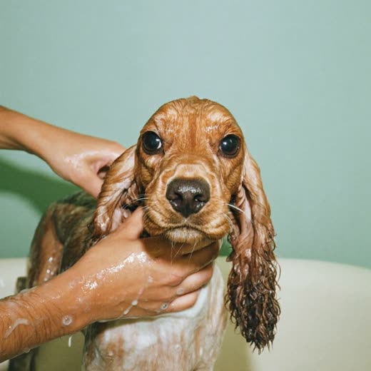 A spaniel being bathed at the groomers